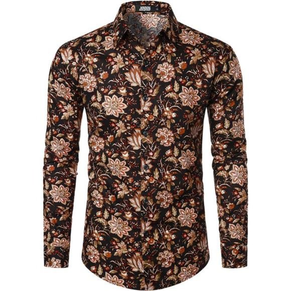 Mens Floral Dress Shirt Long Sleeve Printed Red Black - Picture 1 of 7